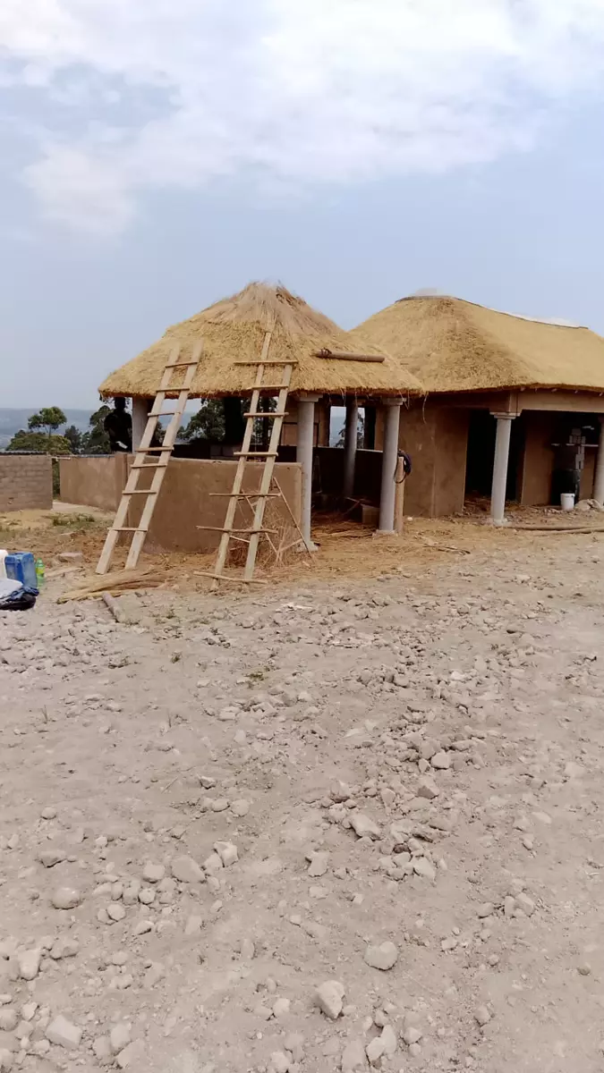Buildings under construction with thatched roofs and wooden ladders